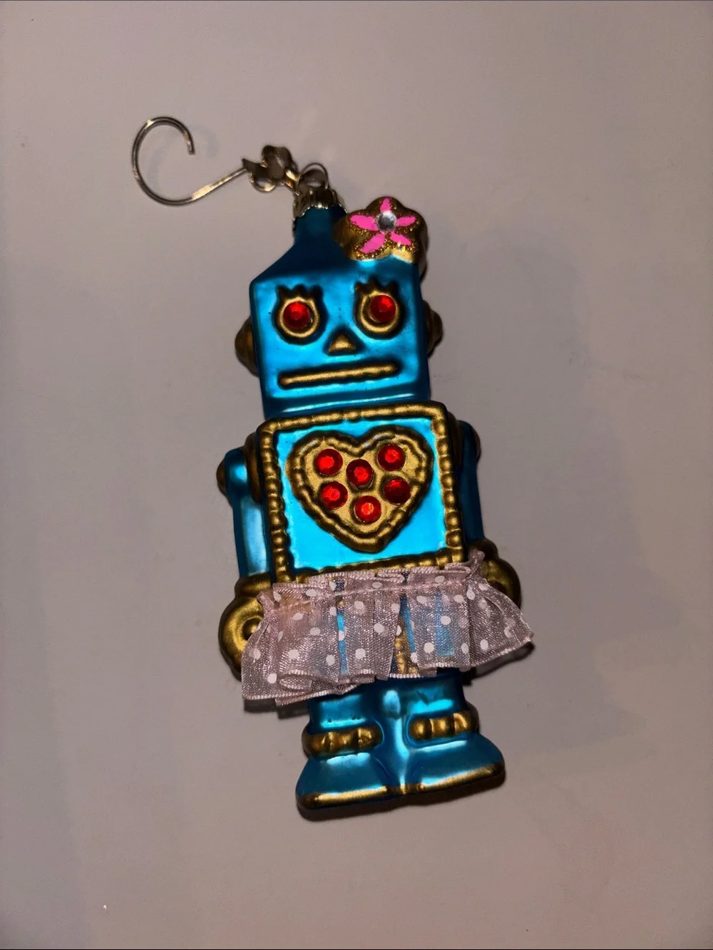 Blue Robot Heart Ornament with Pink Skirt and Gold Accents